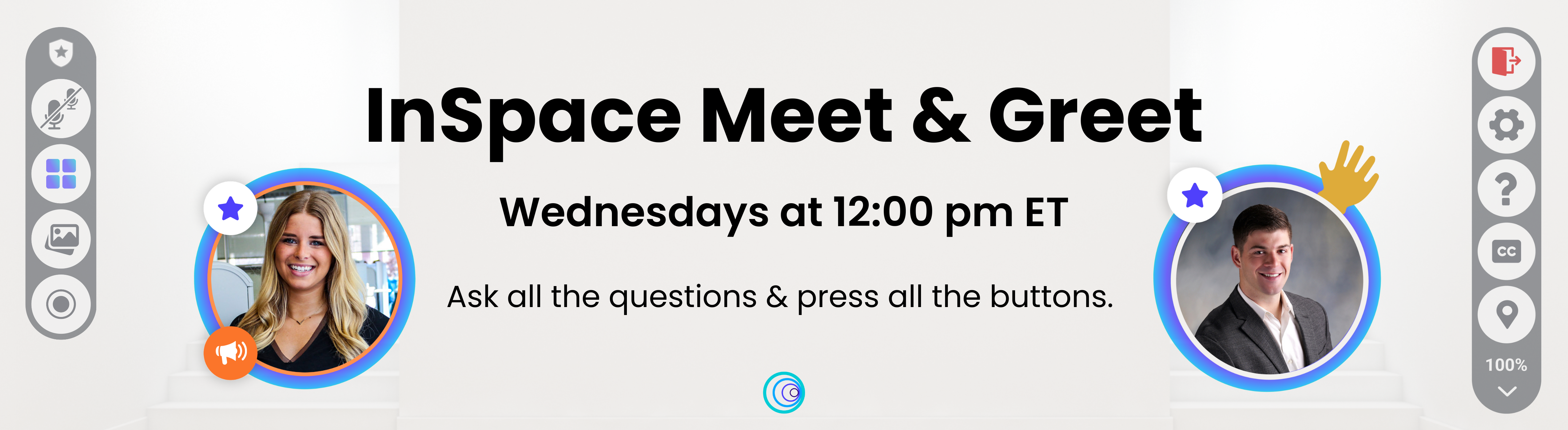 InSpace Meet and Greet, Weds at 12 pm ET. Ask all the questions and press all the buttons. Nicole and Justin smile at the camera. 